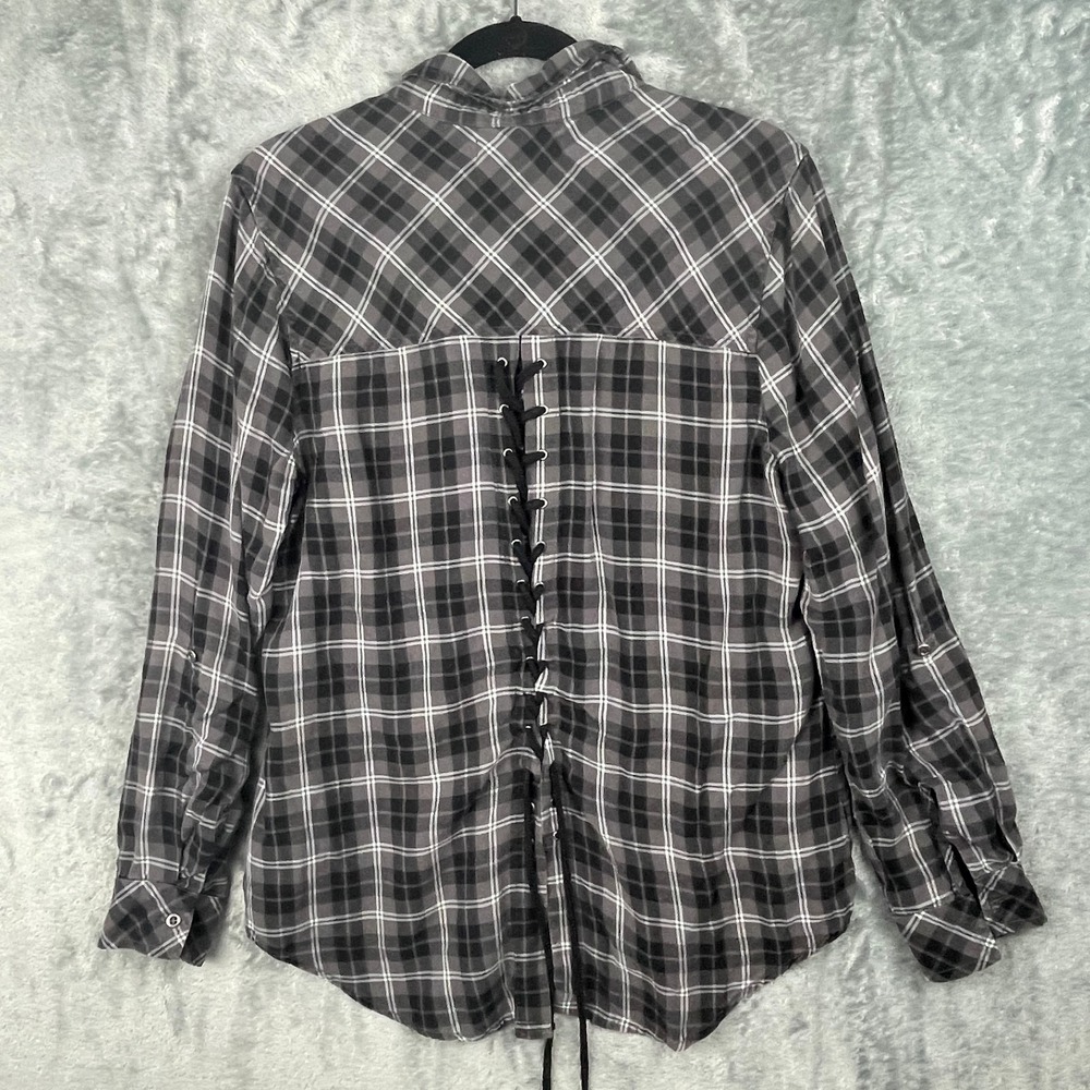 Billy T Top Womens Medium Button Up Plaid Lace Up Back Shirt Country Farmhouse - Picture 3 of 9